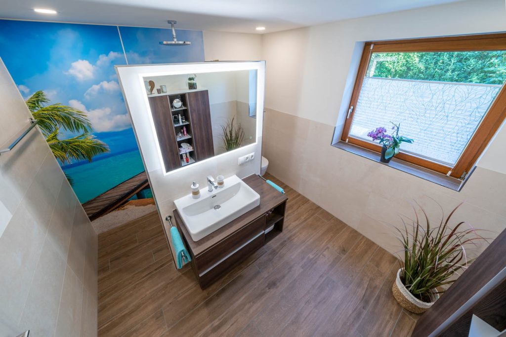 Draufsicht: Trennwand mit Waschtisch, links Dusche, rechts Fenster