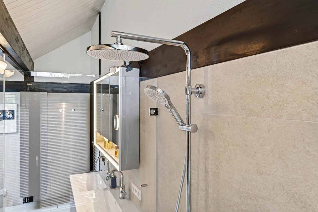 Duschsystem mit Regenbrause, dahinter Waschtisch und Lichtspiegelschrank
