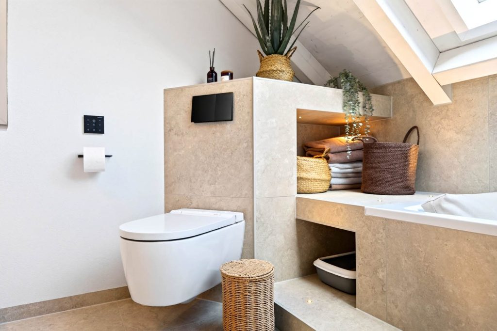 Wand-WC neben der Vorwand mit Ablagefächern, Körben und Pflanze