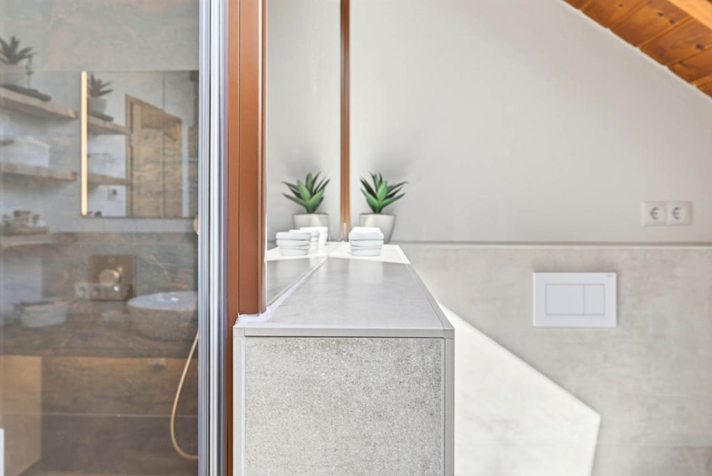 Gemauerte Ablage zwischen Dusche und WC mit Pflanzen