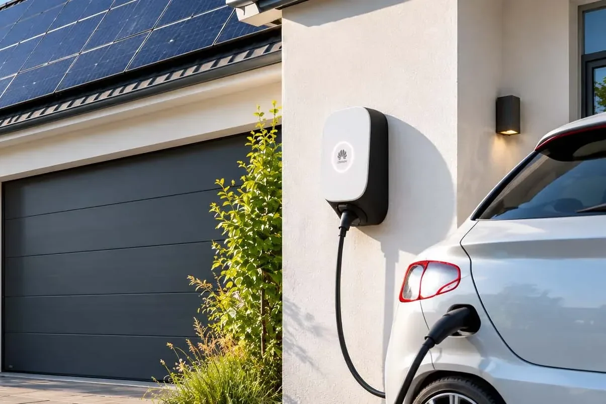 KI-generiertes Symbolbild: E-Auto lädt an Wallbox vor Garage mit Photovoltaikanlage