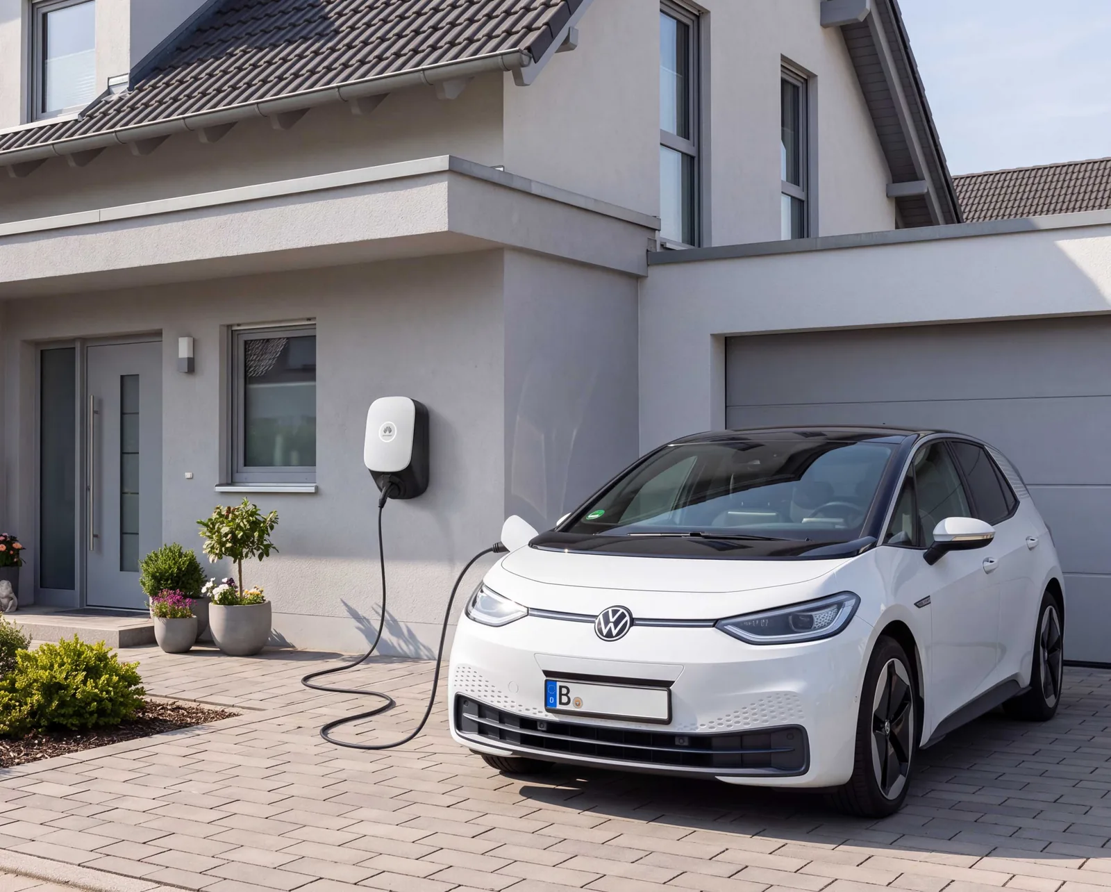 KI-generiertes Symbolbild: Weißes Elektroauto lädt an einer Wallbox an der Hauswand eines Einfamilienhauses