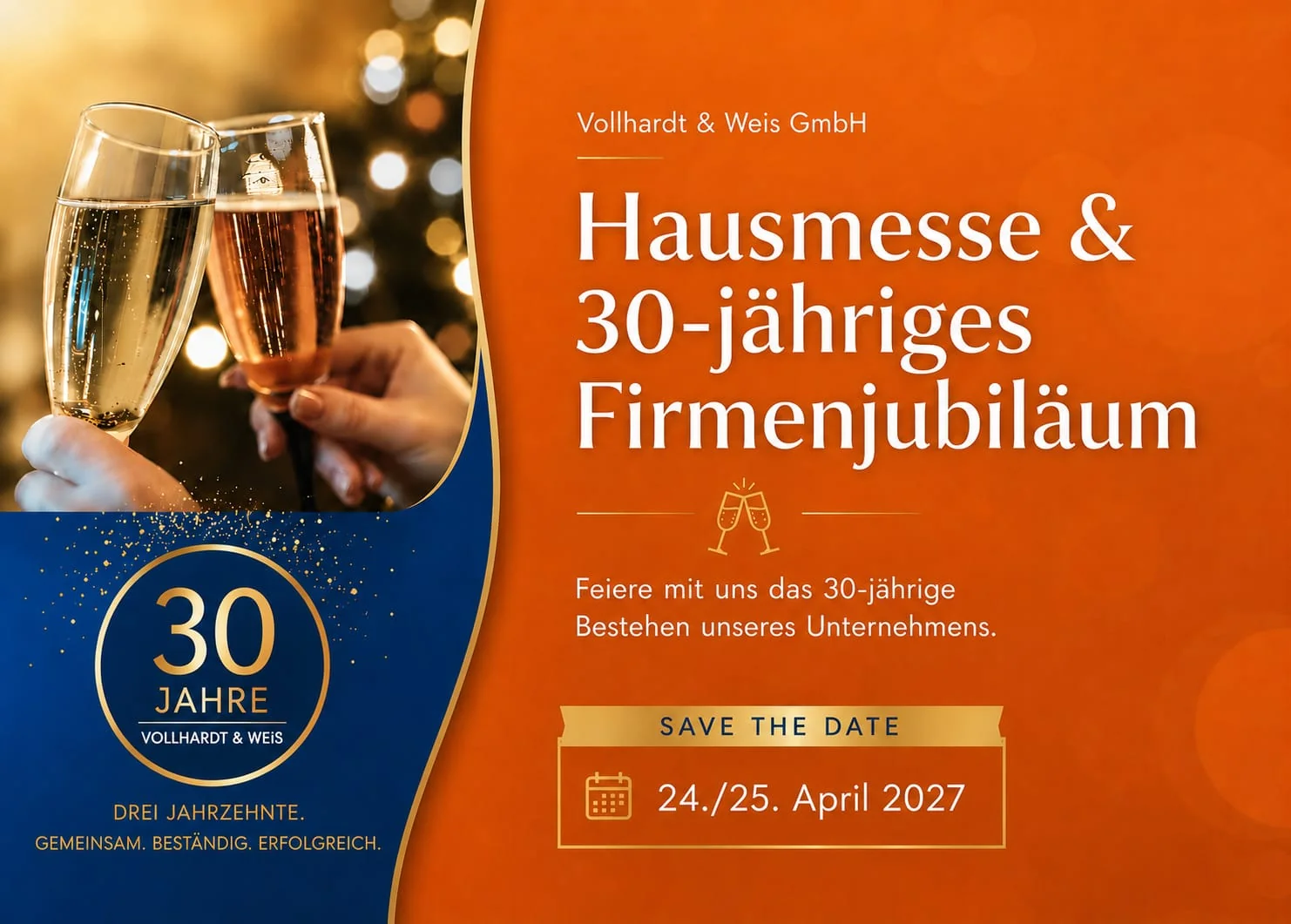 Hausmesse und 30-jähriges Firmenjubiläum der Vollhardt & Weis GmbH. Feiern Sie mit uns das 30-jährige Bestehen unseres Unternehmens. Save the Date: 24. und 25. April 2027. 30 Jahre Vollhardt & Weis – drei Jahrzehnte, gemeinsam, beständig, erfolgreich.