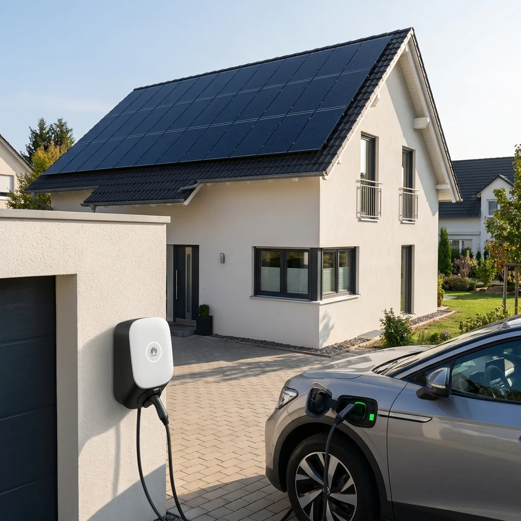 KI-generiertes Symbolbild: Silbernes Elektroauto lädt an einer Wallbox an der Garagenwand, dahinter ein weißes Einfamilienhaus mit schwarzer Photovoltaikanlage auf dem Dach