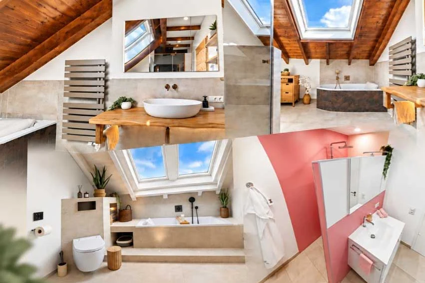 Collage aus Referenzbädern: Dachgeschossbäder mit Holzdecke und Dachfenstern, freistehender Badewanne, Aufsatzwaschbecken auf Holzplatte und ein Bad mit rosa Akzentwand
