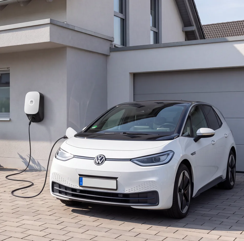 KI-generiertes Symbolbild: Weißes Elektroauto vor einer Garage, per Ladekabel mit einer weißen Wallbox an der grauen Hauswand verbunden
